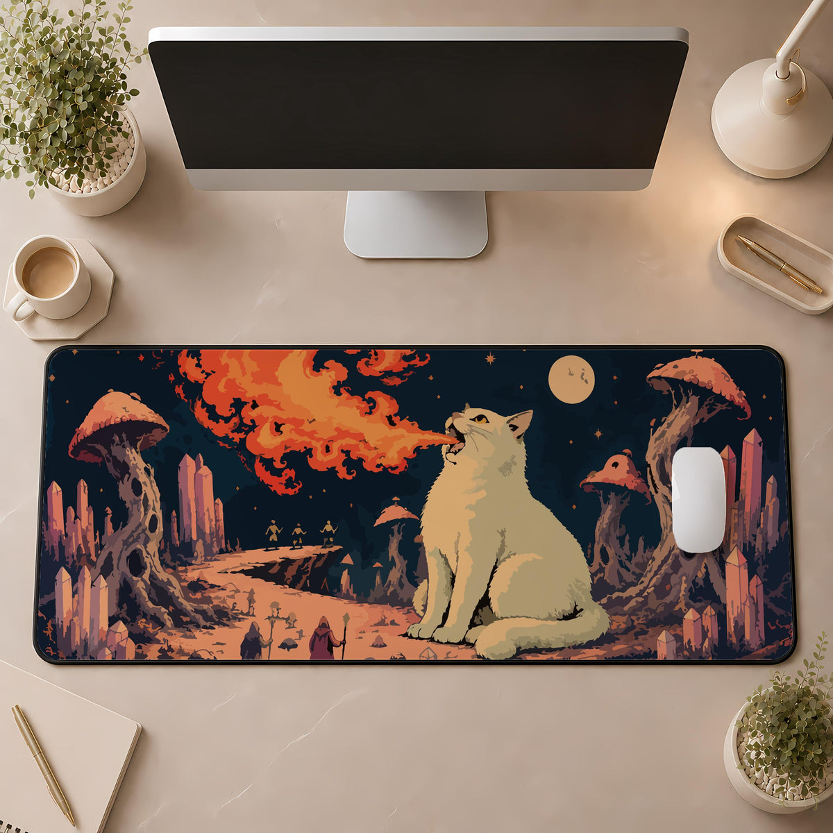 Fire Breathing Cat Desk Mat, Fantasy Gaming Mouse Pad, Trippy Art Playmat (12x32")