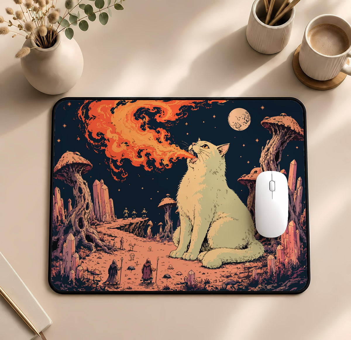Fire Breathing Cat Desk Mat, Fantasy Gaming Mouse Pad, Trippy Art Playmat (12x32")