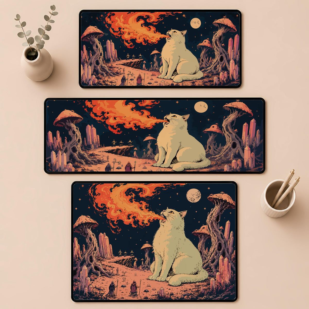 Fire Breathing Cat Desk Mat, Fantasy Gaming Mouse Pad, Trippy Art Playmat (12x32")
