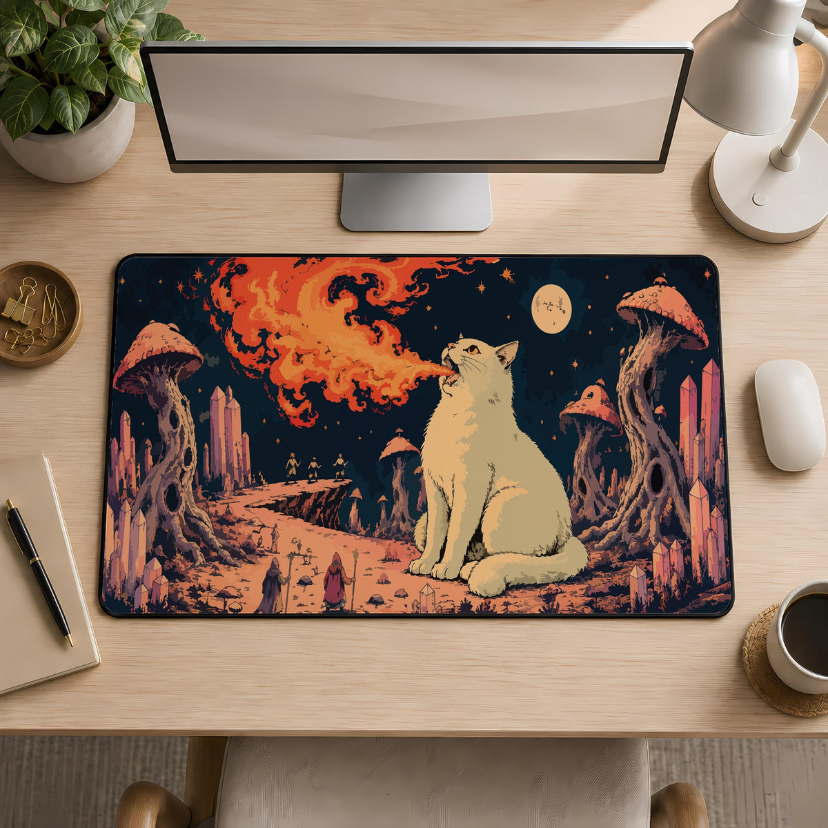 Fire Breathing Cat Desk Mat, Fantasy Gaming Mouse Pad, Trippy Art Playmat (12x32")
