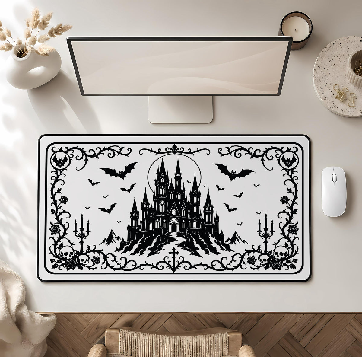 Gothic Castle Desk Mat, Spooky Bats Mouse Pad, Goth Gamer Accessory