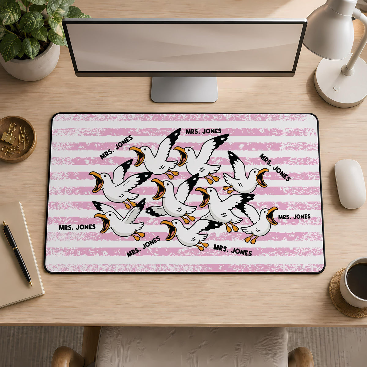 Personalized Teacher Desk Mat, Funny Seagull Mouse Pad, Custom Name Gift