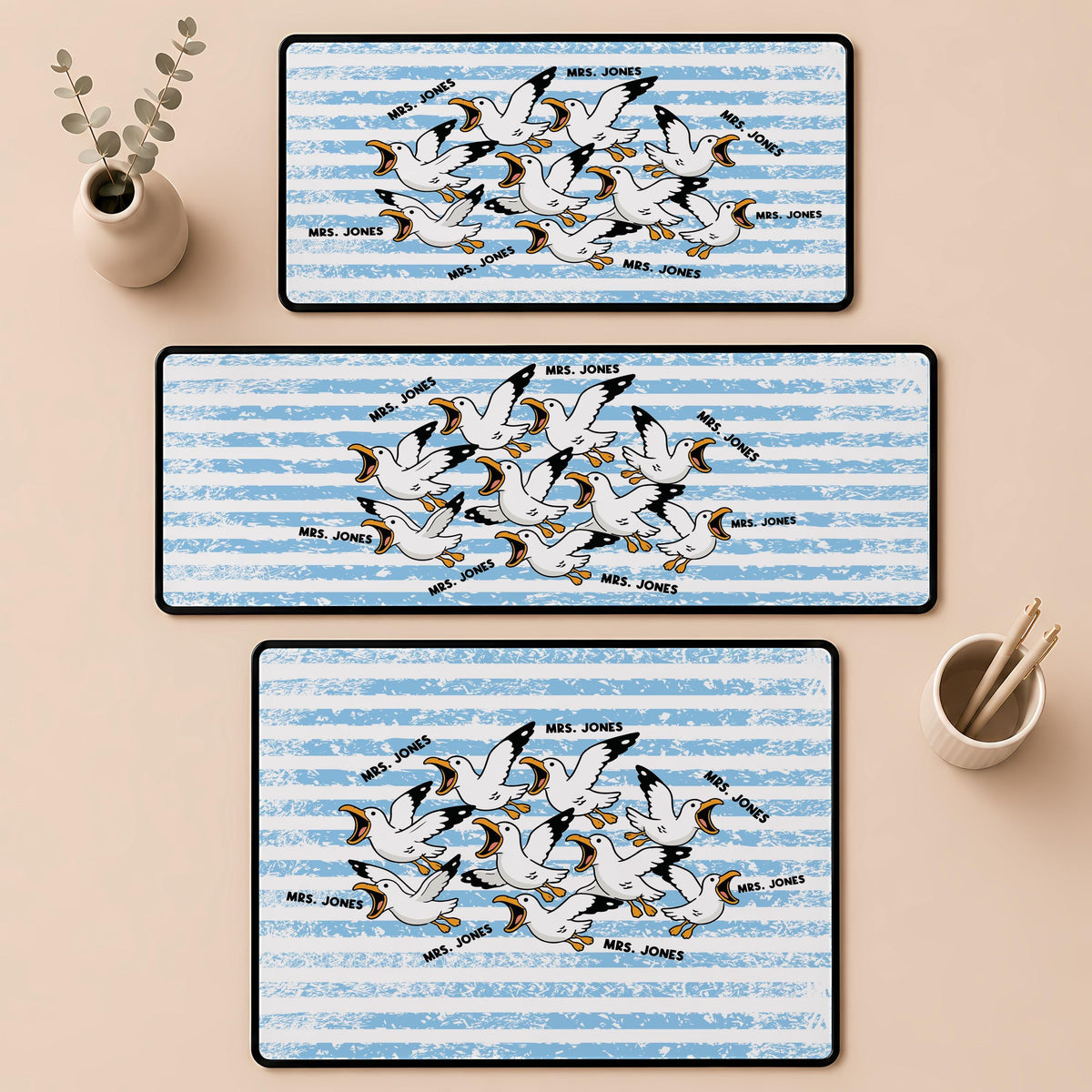 Personalized Teacher Desk Mat, Funny Seagull Mouse Pad, Custom Name Gift