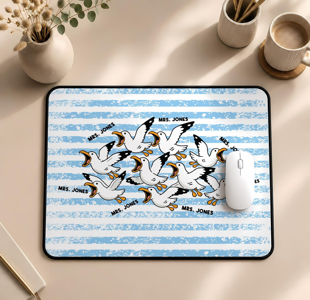 Personalized Teacher Desk Mat, Funny Seagull Mouse Pad, Custom Name Gift