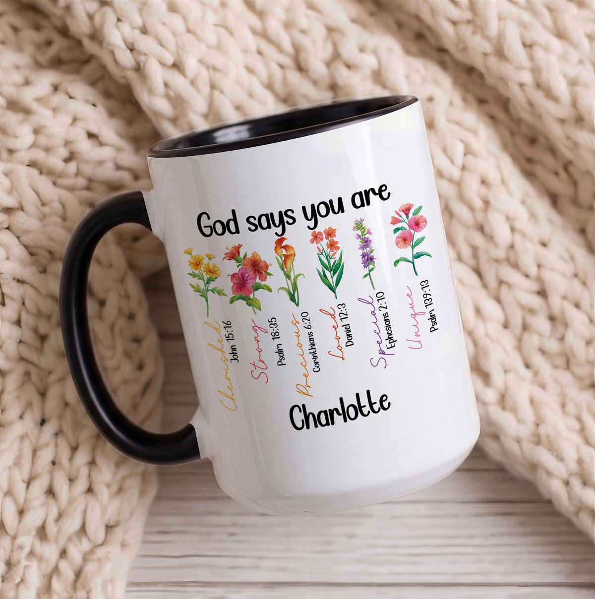 Custom Name Floral Ceramic Mug, Boho Bible Verse Scripture Cup