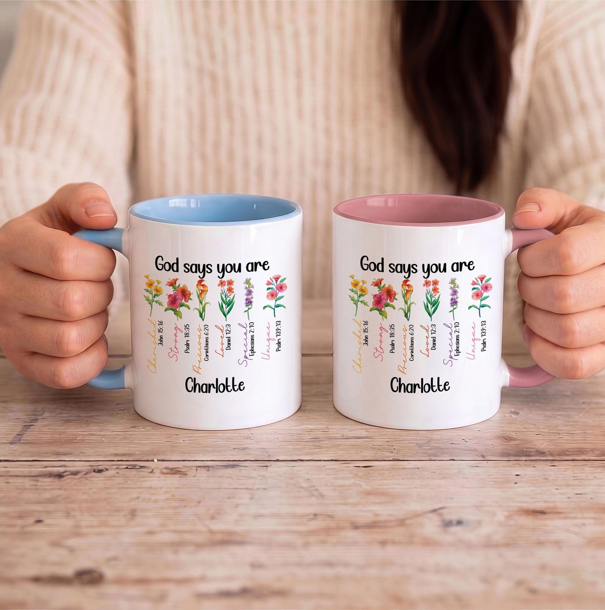 Custom Name Floral Ceramic Mug, Boho Bible Verse Scripture Cup