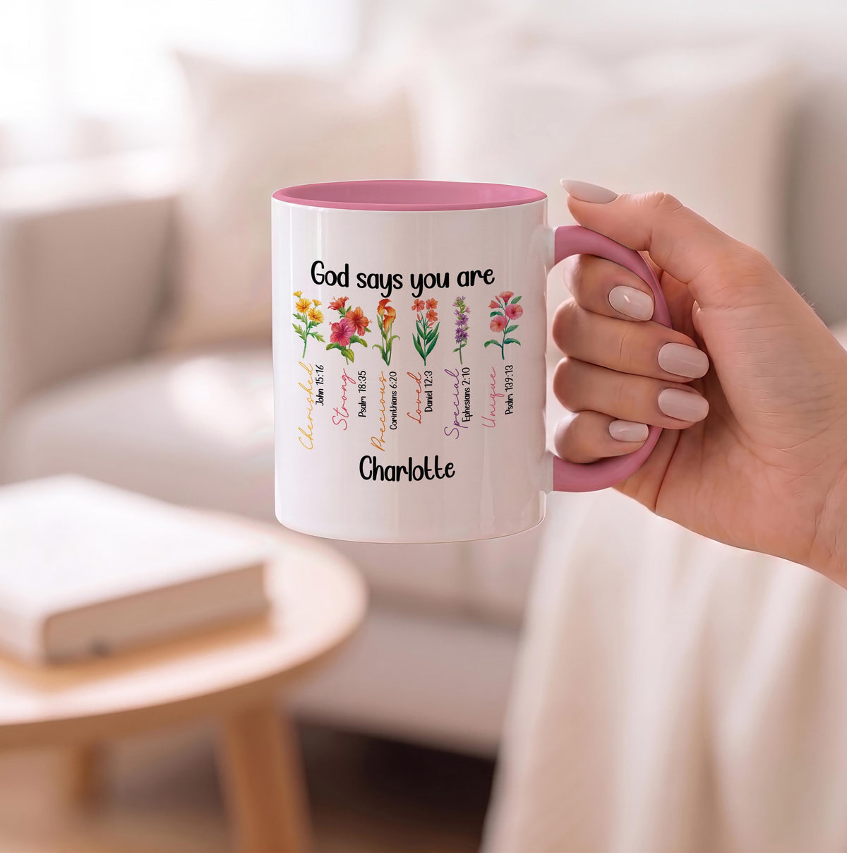 Custom Name Floral Ceramic Mug, Boho Bible Verse Scripture Cup