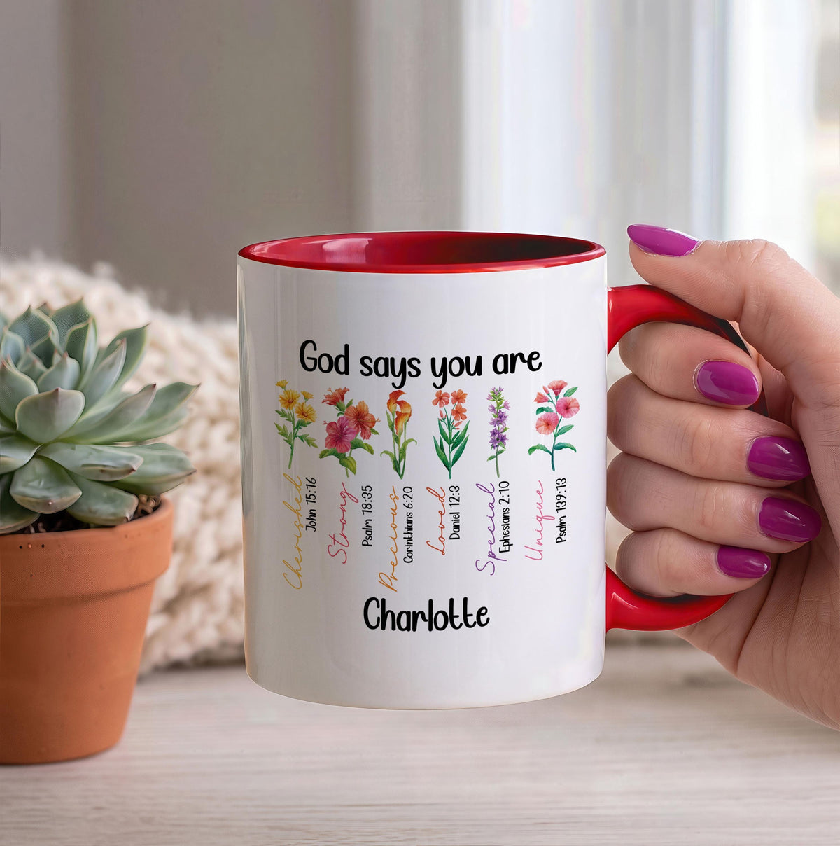 Custom Name Floral Ceramic Mug, Boho Bible Verse Scripture Cup