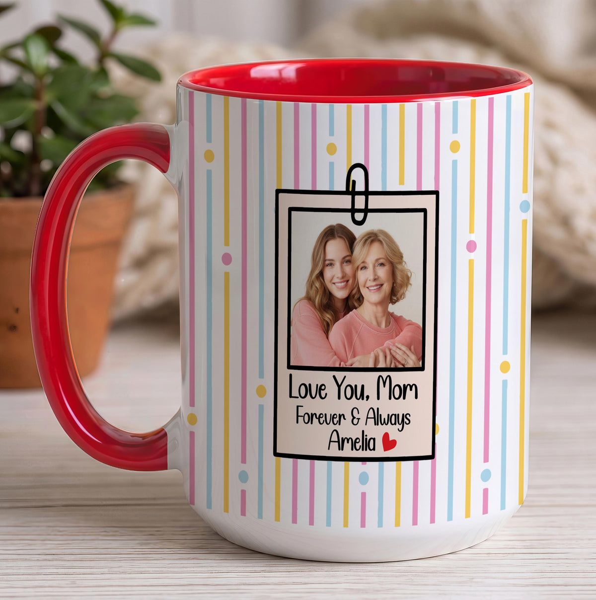 Personalized Photo Mug, Custom Text Ceramic Coffee Cup, Striped Background Memory Keepsake