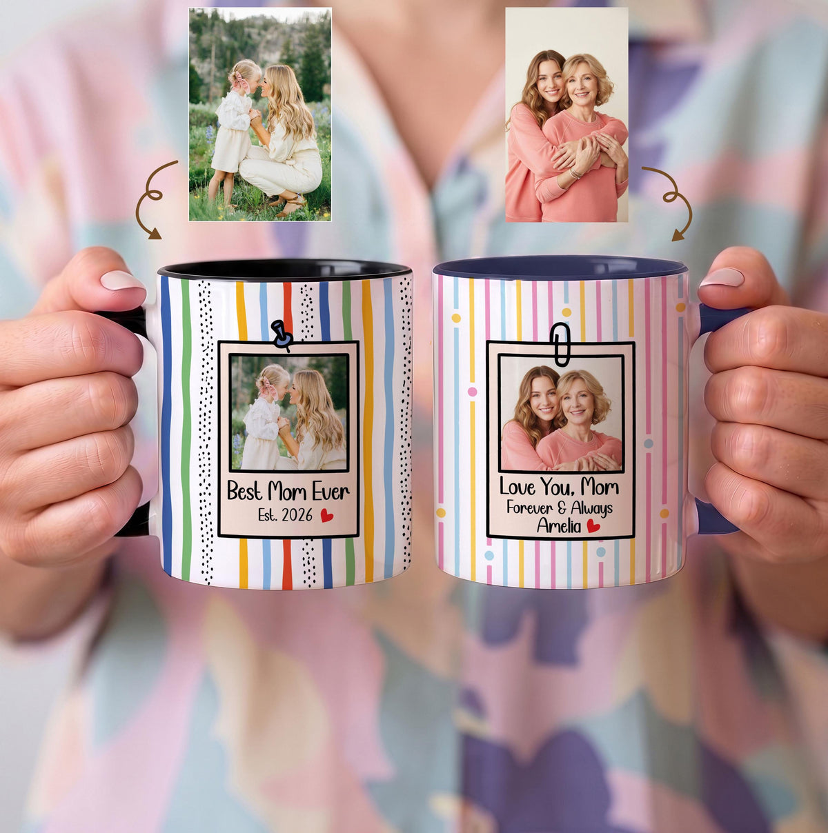 Personalized Photo Mug, Custom Text Ceramic Coffee Cup, Striped Background Memory Keepsake