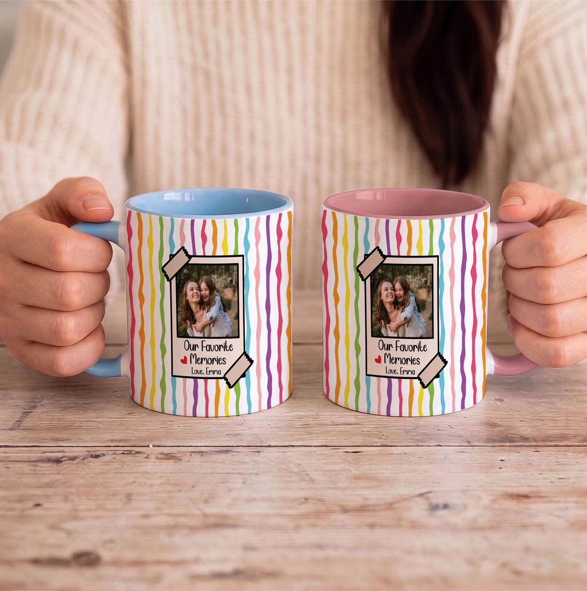 Personalized Photo Mug, Custom Text Ceramic Coffee Cup, Striped Background Memory Keepsake