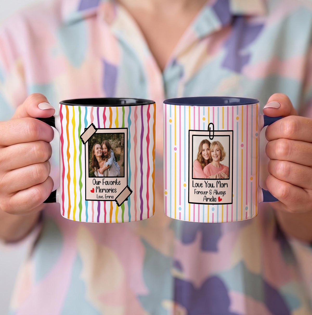 Personalized Photo Mug, Custom Text Ceramic Coffee Cup, Striped Background Memory Keepsake