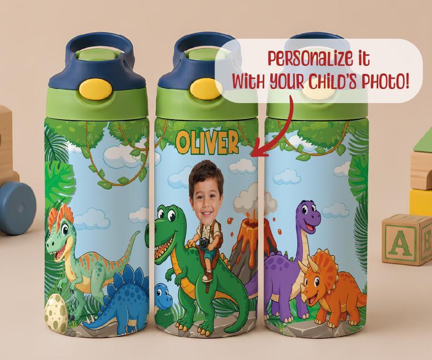 Personalized Dinosaur Kids Tumbler, Custom Name Water Bottle with Straw