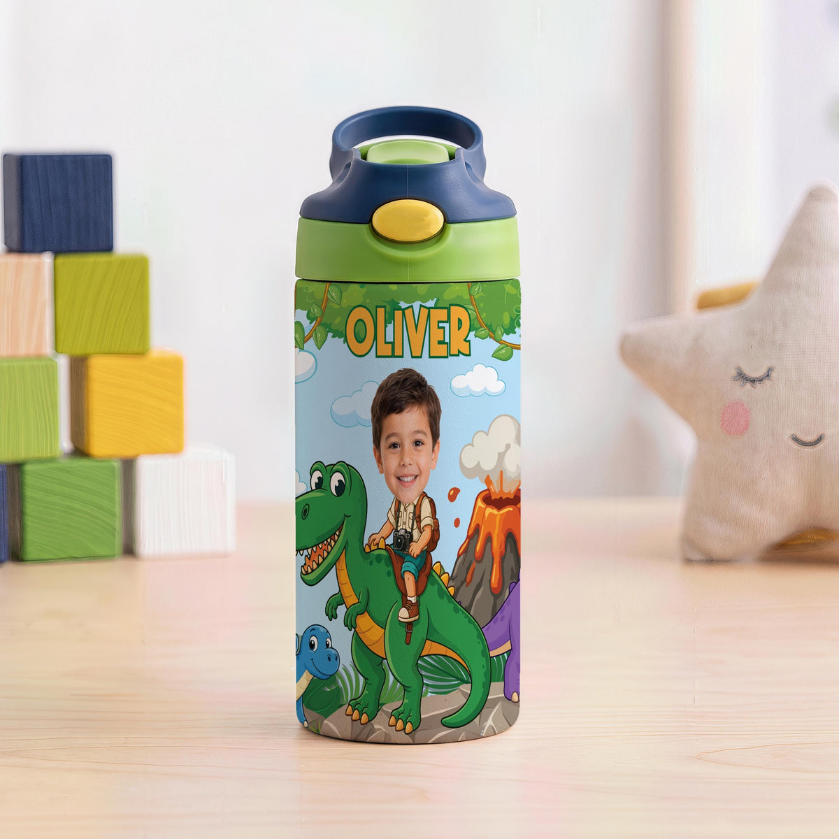 Personalized Dinosaur Kids Tumbler, Custom Name Water Bottle with Straw