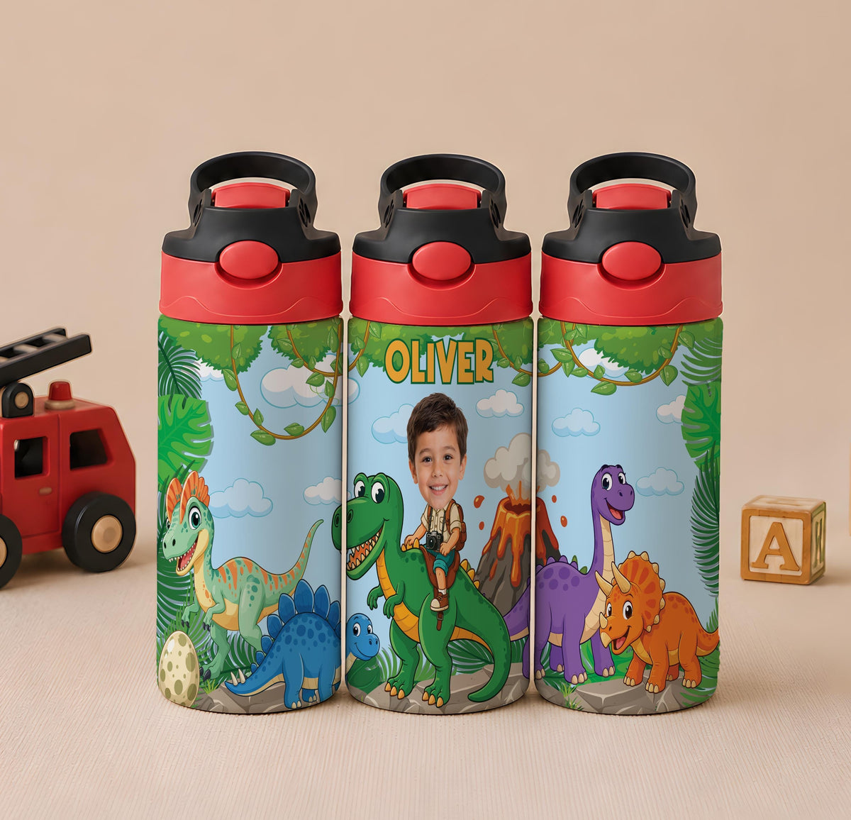 Personalized Dinosaur Kids Tumbler, Custom Name Water Bottle with Straw