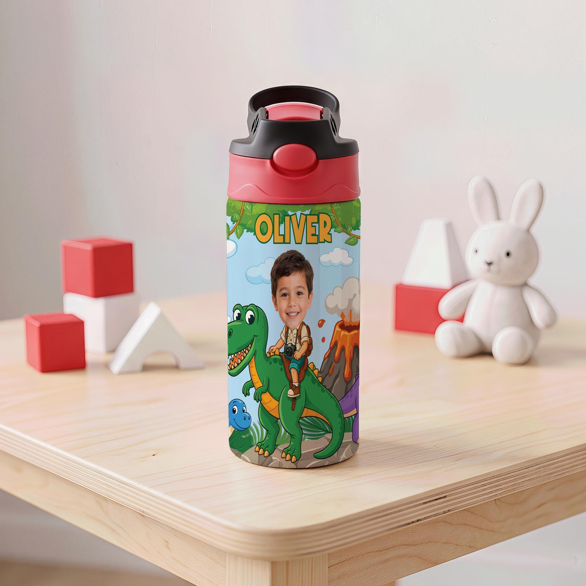 Personalized Dinosaur Kids Tumbler, Custom Name Water Bottle with Straw