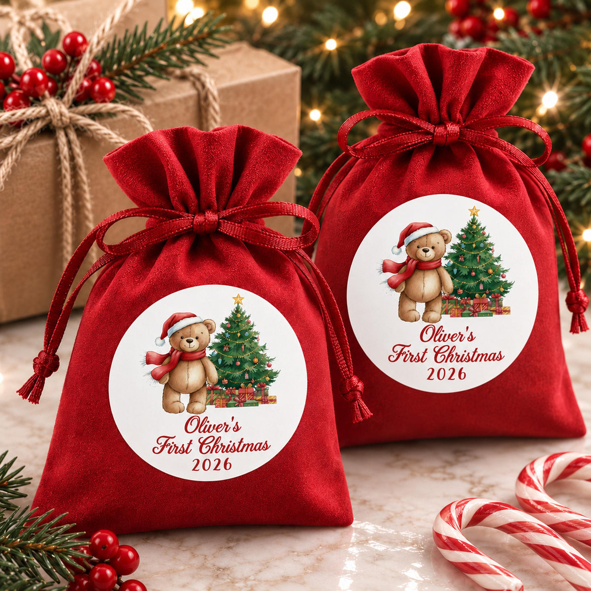 Customized First Christmas Stickers, Baby Holiday Favor Labels, Party Gift Stickers
