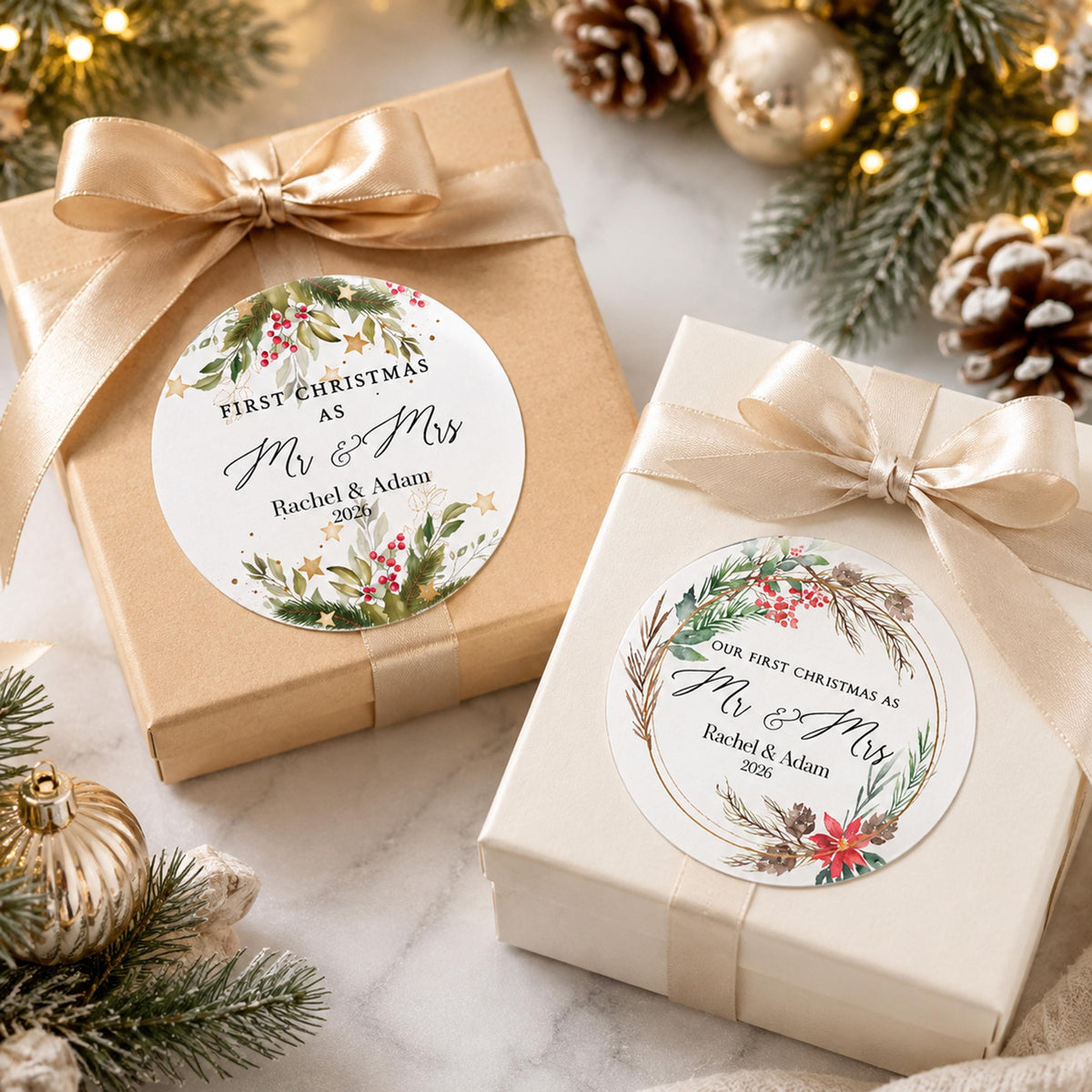 Personalized First Christmas Together Stickers, Custom Couple Holiday Labels, Mr Mrs Favor Stickers