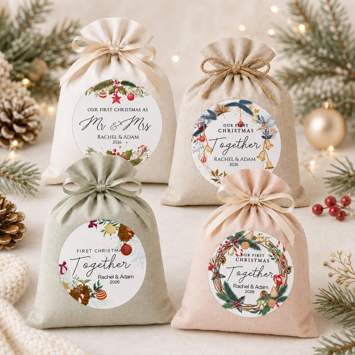 Personalized First Christmas Together Stickers, Custom Couple Holiday Labels, Mr Mrs Favor Stickers