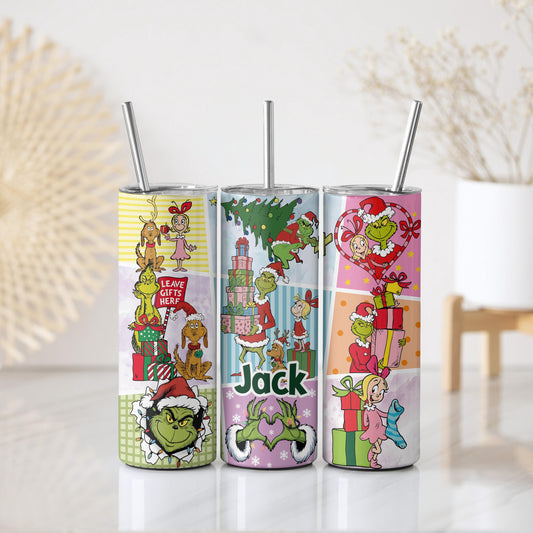 Personalized Christmas Green Monster Tumbler with Straw, Custom Name Festive Holiday Coffee Cup