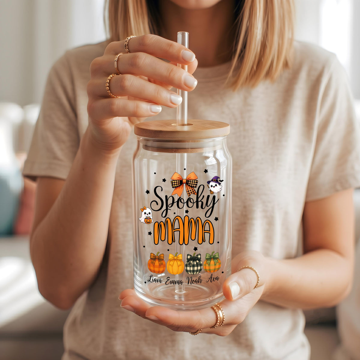 Personalized Spooky Mama Iced Coffee Cup, Custom Halloween Glassware for Mom