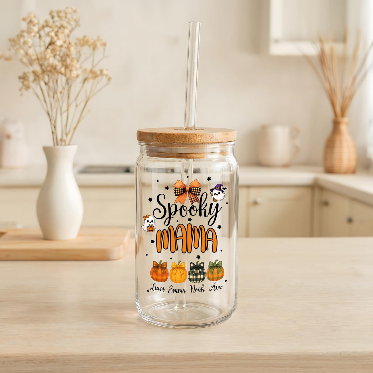 Personalized Spooky Mama Iced Coffee Cup, Custom Halloween Glassware for Mom