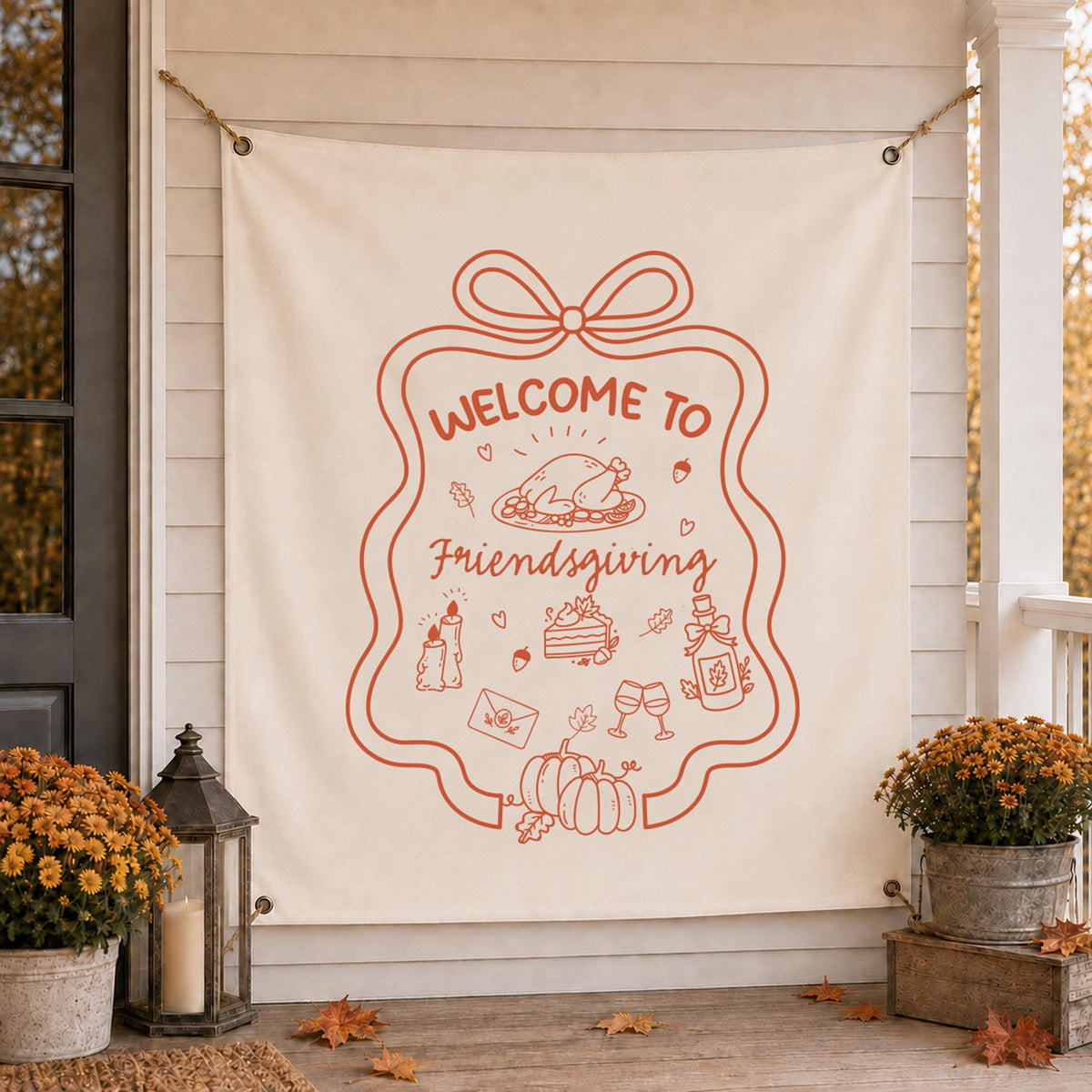 Welcome Friendsgiving Banner, Autumn Thanksgiving Fall Sign