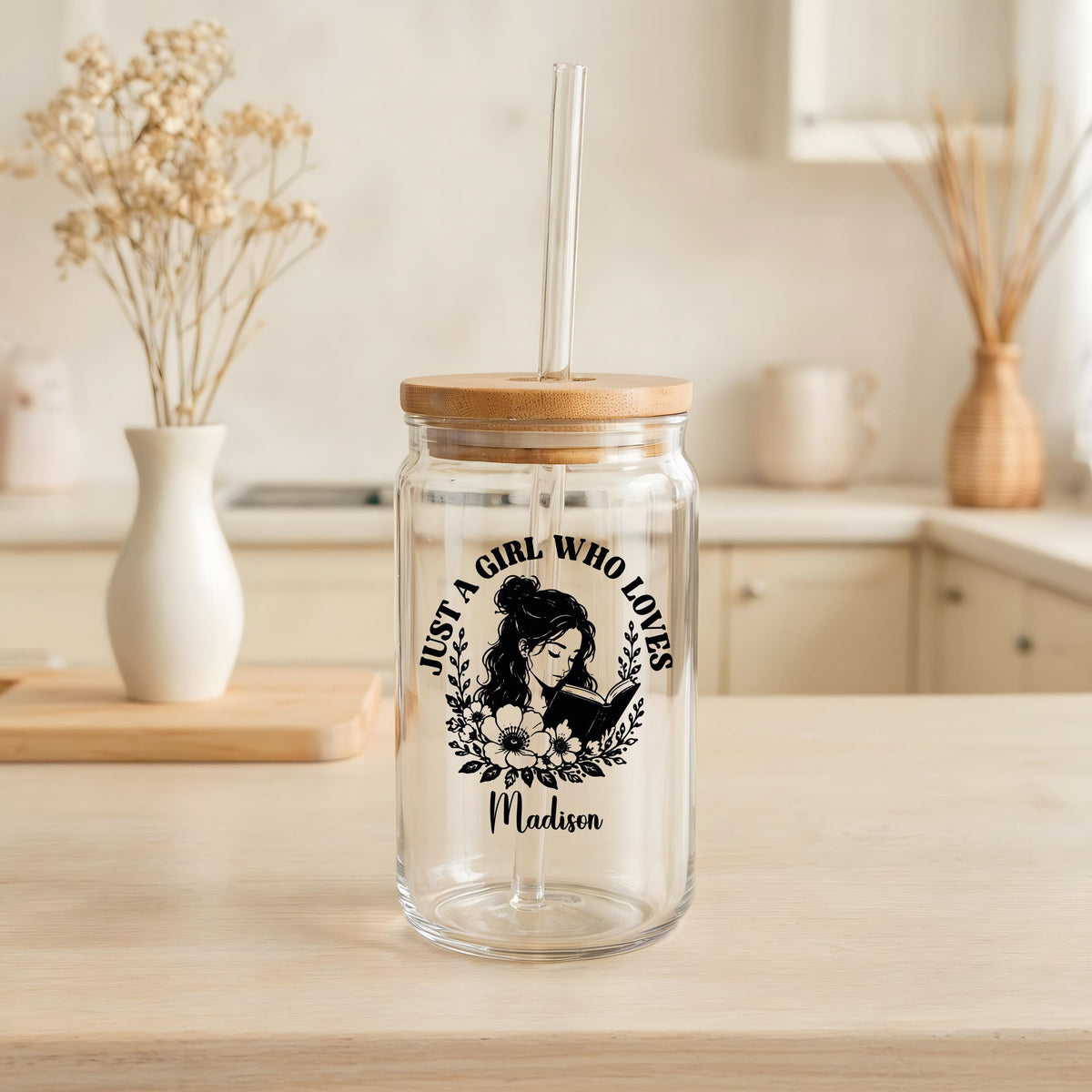 Custom Name Just A Girl Who Loves Books Can Glass Cup, Boho Book Lover Iced Coffee Tumbler