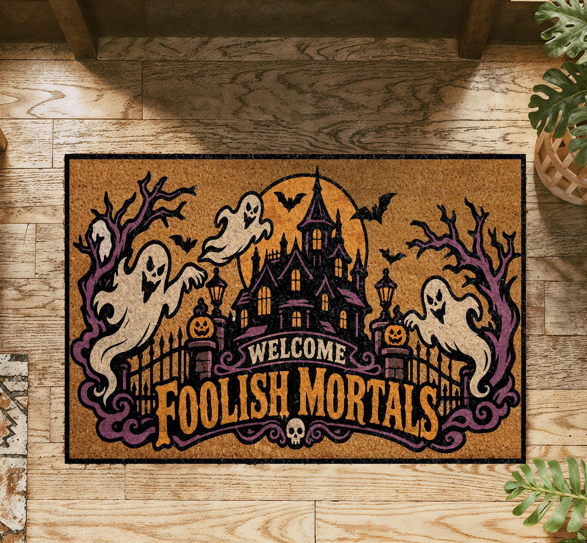 Spooky Ghost Doormat, Haunted Castle Welcome Mat, Gothic Mansion Coir Rug (Personalized)