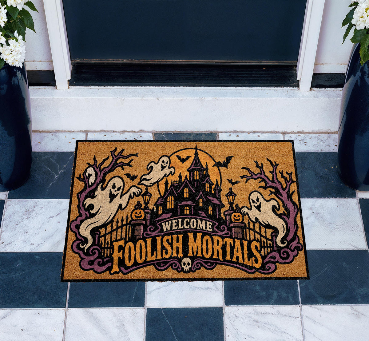 Spooky Ghost Doormat, Haunted Castle Welcome Mat, Gothic Mansion Coir Rug (Personalized)
