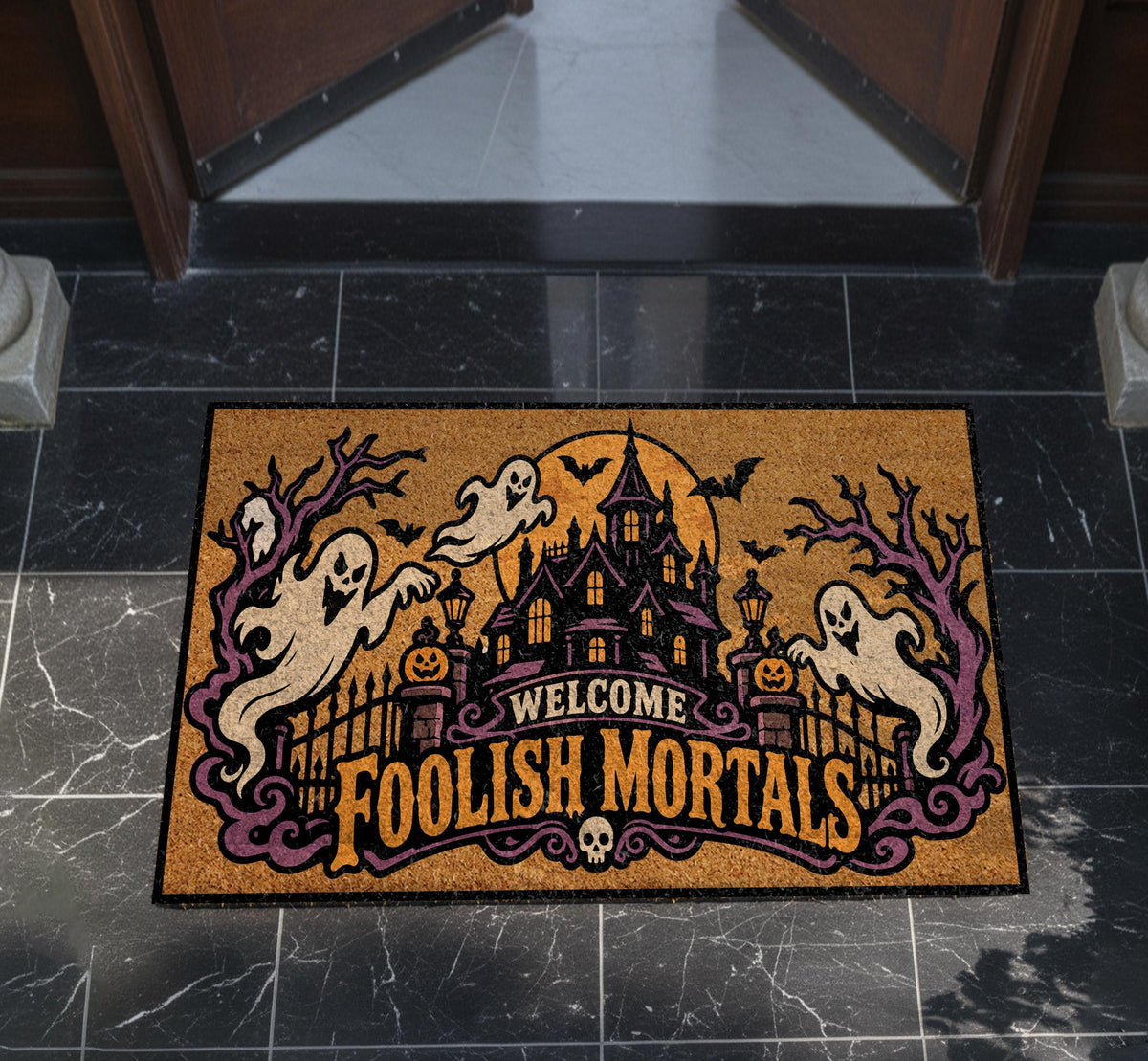 Spooky Ghost Doormat, Haunted Castle Welcome Mat, Gothic Mansion Coir Rug (Personalized)