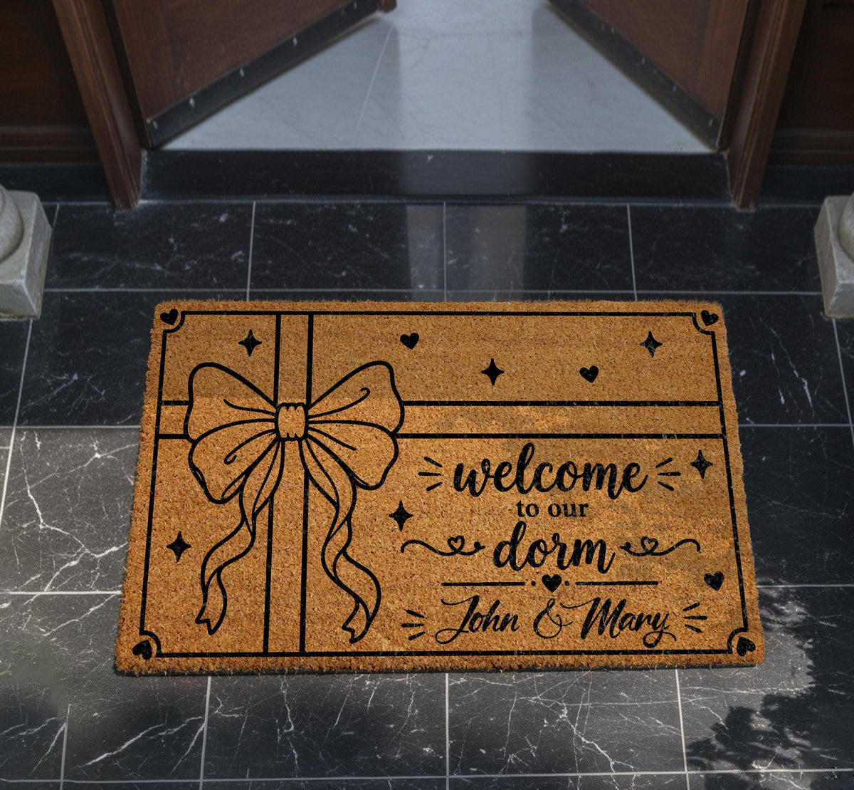 Custom Coir Doormat, Welcome to Our Dorm, Bow Design, Apartment Entrance Rug
