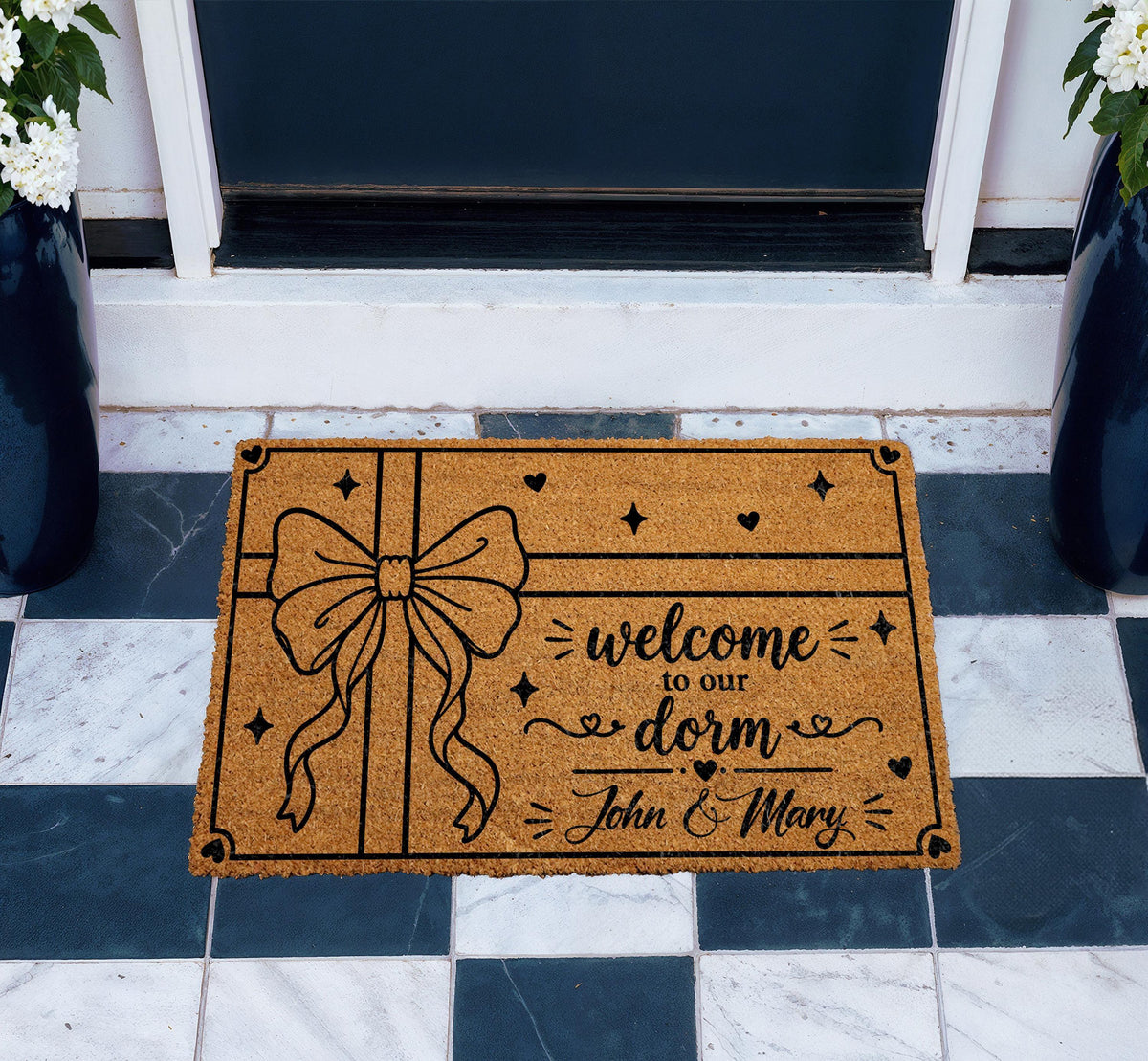 Custom Coir Doormat, Welcome to Our Dorm, Bow Design, Apartment Entrance Rug