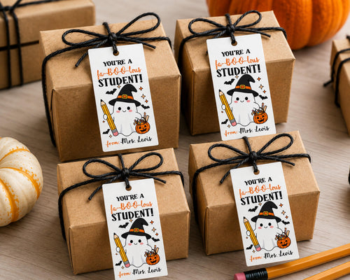 Personalized Halloween Teacher Gift Tags, Fa-Boo-Lous Student Hang Tags, Classroom Halloween Favor Tags for Kids