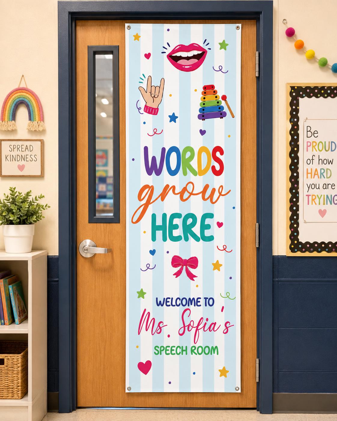 Personalized Speech Therapy Door Banner, Words Grow Here, SLP Classroom Decor