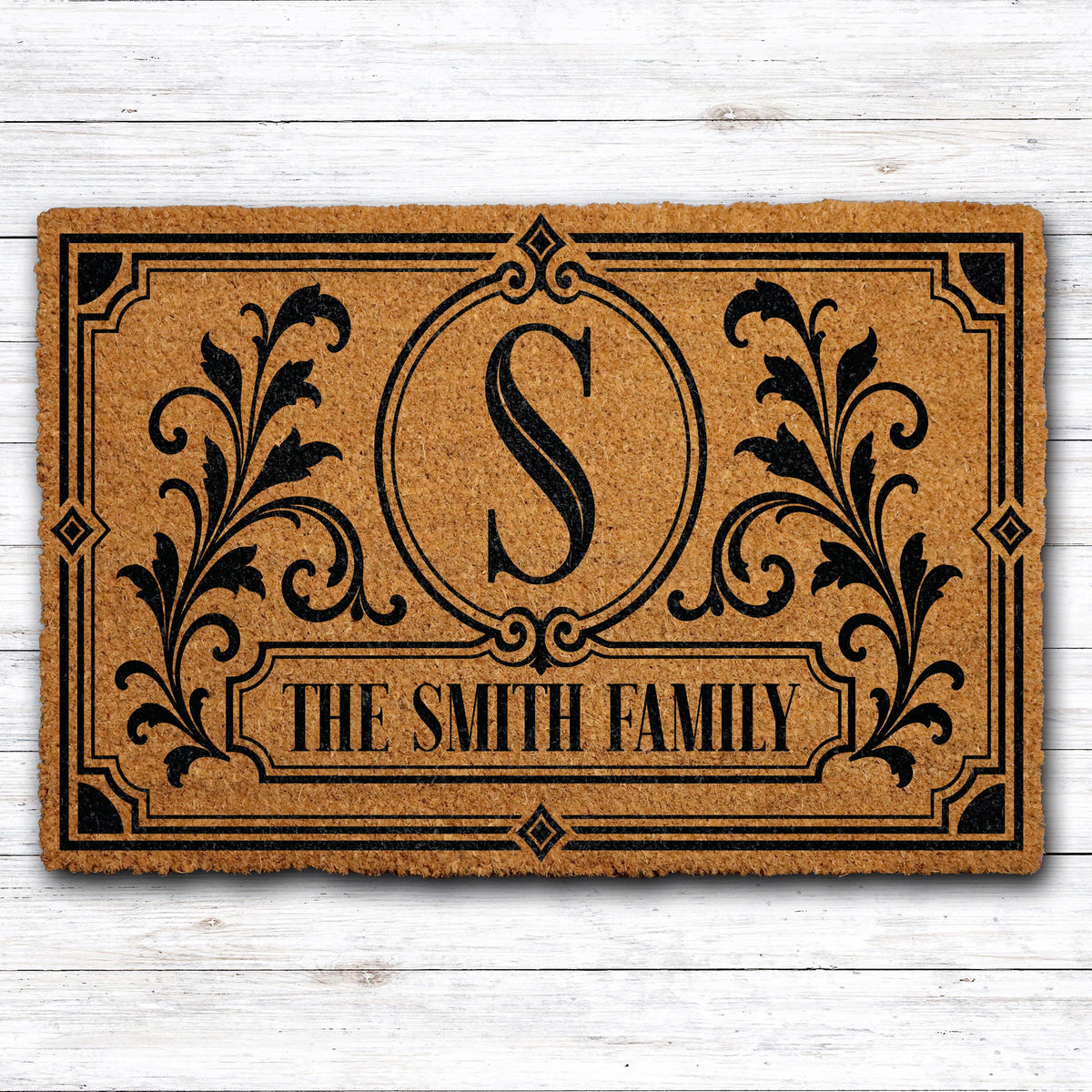 Custom Last Name Monogram Doormat, Personalized Aesthetic Initial & Damask Design Welcome Mat