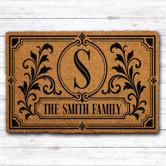 Custom Last Name Monogram Doormat, Personalized Aesthetic Initial & Damask Design Welcome Mat