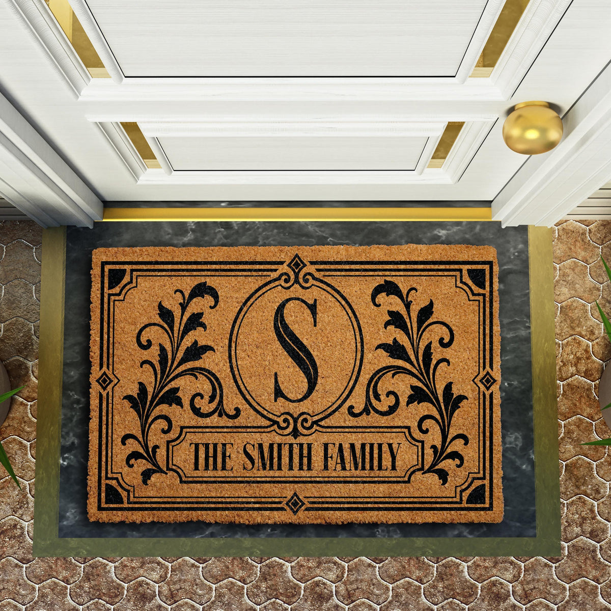 Custom Last Name Monogram Doormat, Personalized Aesthetic Initial & Damask Design Welcome Mat