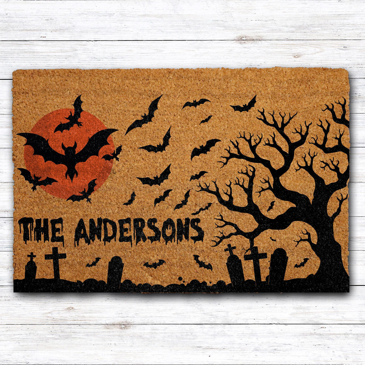 Personalized Spooky Graveyard Halloween Welcome Mat, Custom Family Name Blood Moon Doormat