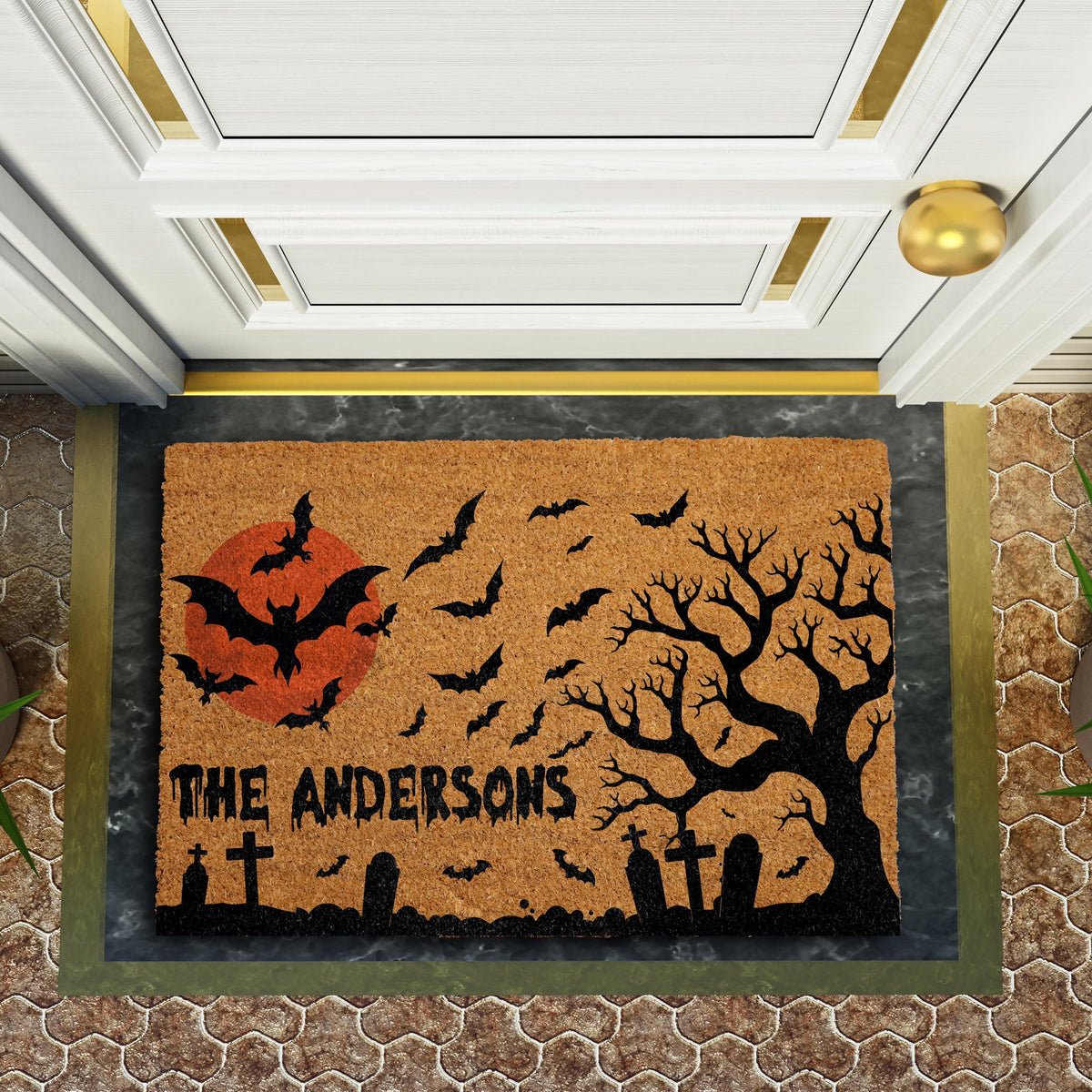 Personalized Spooky Graveyard Halloween Welcome Mat, Custom Family Name Blood Moon Doormat