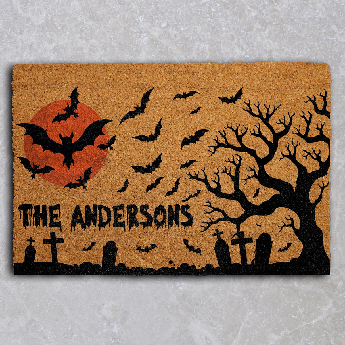 Personalized Spooky Graveyard Halloween Welcome Mat, Custom Family Name Blood Moon Doormat