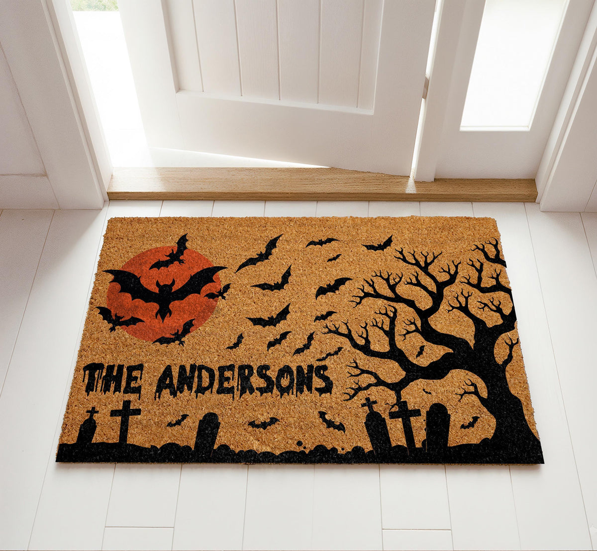 Personalized Spooky Graveyard Halloween Welcome Mat, Custom Family Name Blood Moon Doormat