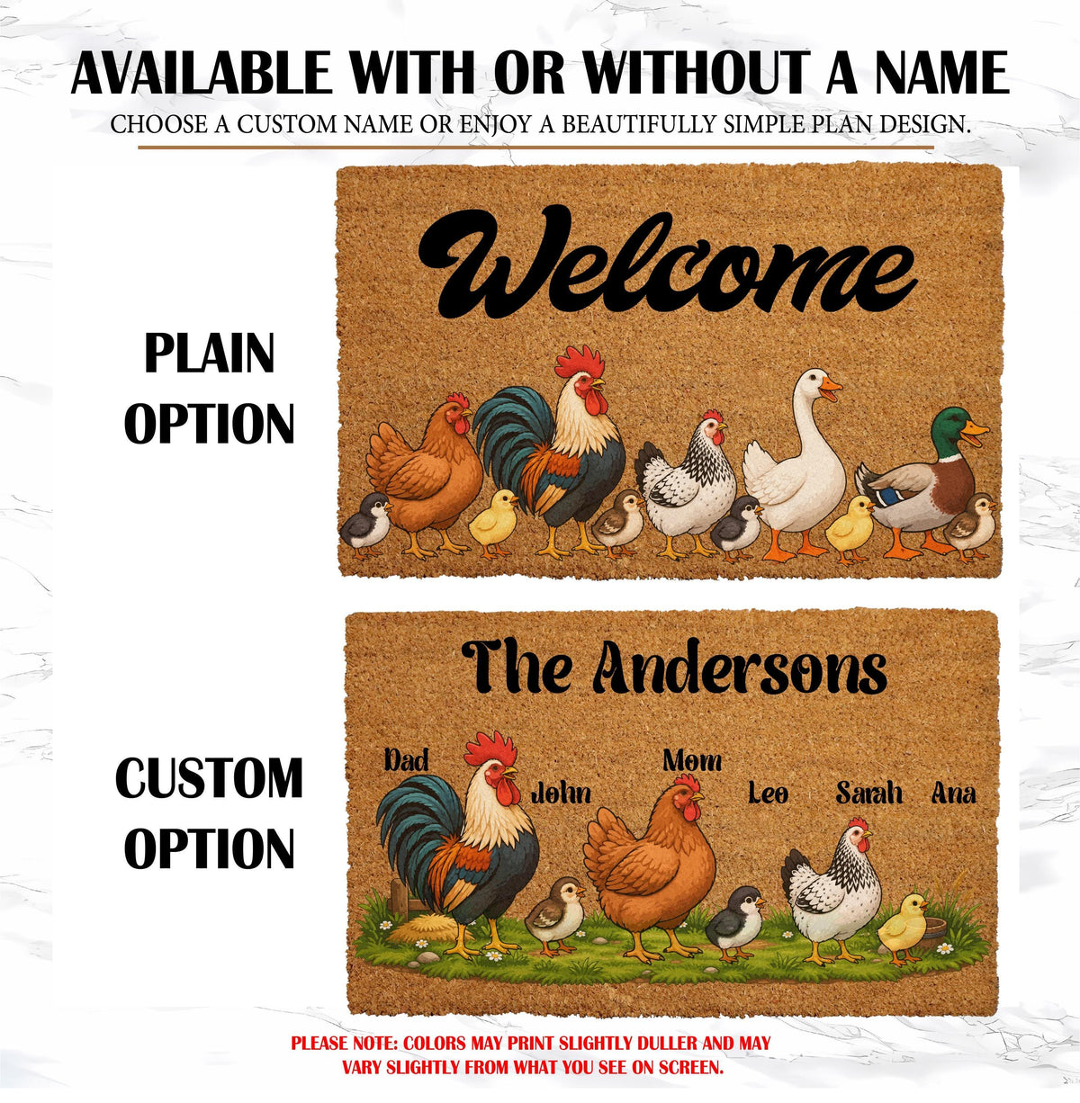 Personalized Chicken Family Doormat, Custom Farmhouse Welcome Mat