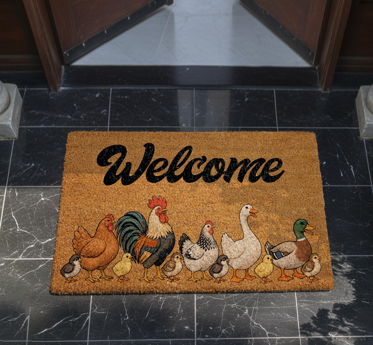 Personalized Chicken Family Doormat, Custom Farmhouse Welcome Mat