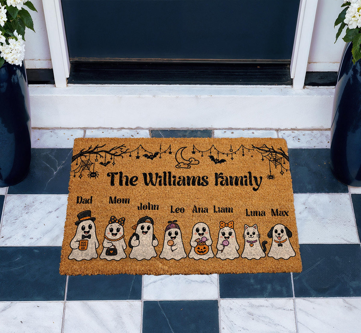 Personalized Ghost Family Halloween Doormat, Custom Name Ghost Crew Welcome Mat