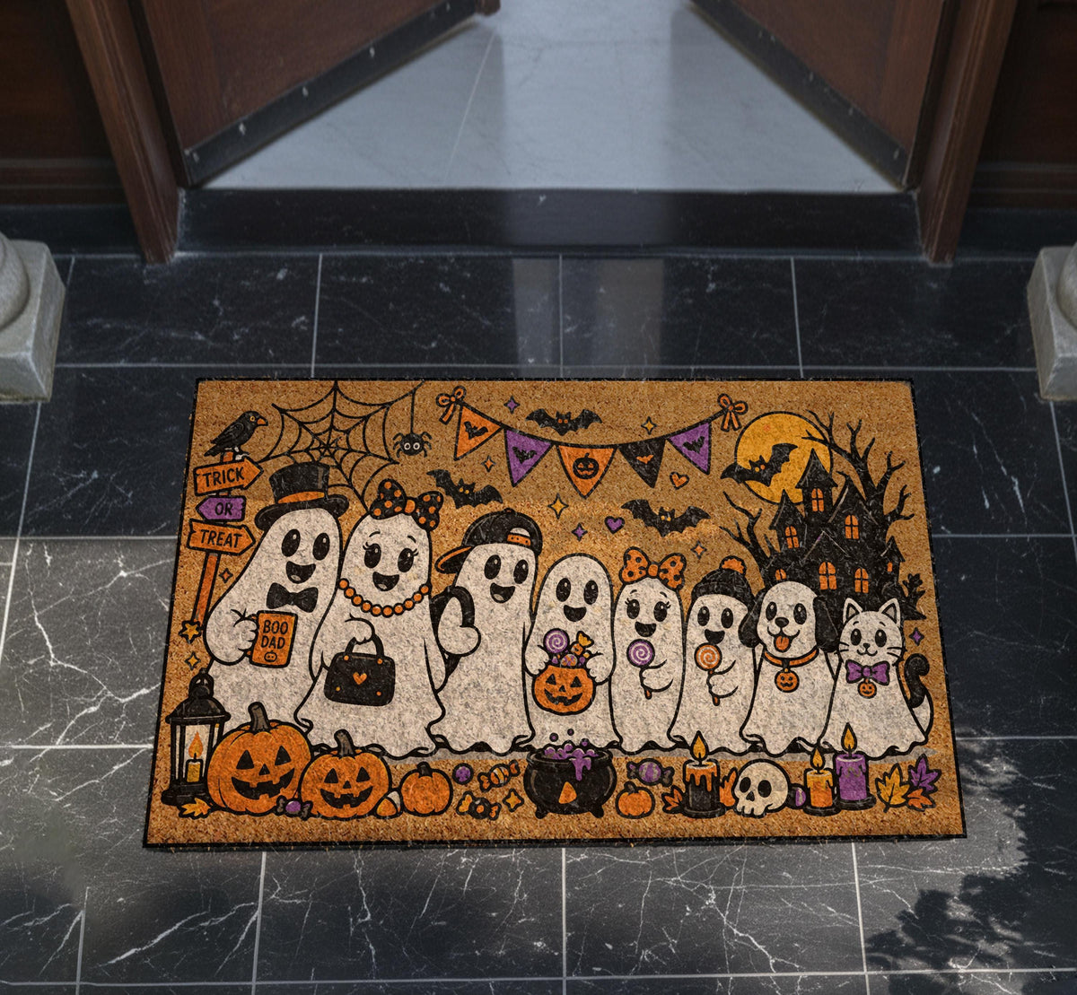 Personalized Ghost Family Halloween Doormat, Custom Name Ghost Crew Welcome Mat