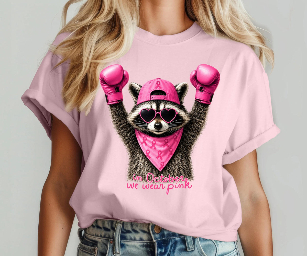 In October We Wear Pink Comfort Colors® Shirt, Raccoon Breast Cancer Awareness T-Shirt, Cancer Warrior Tee
