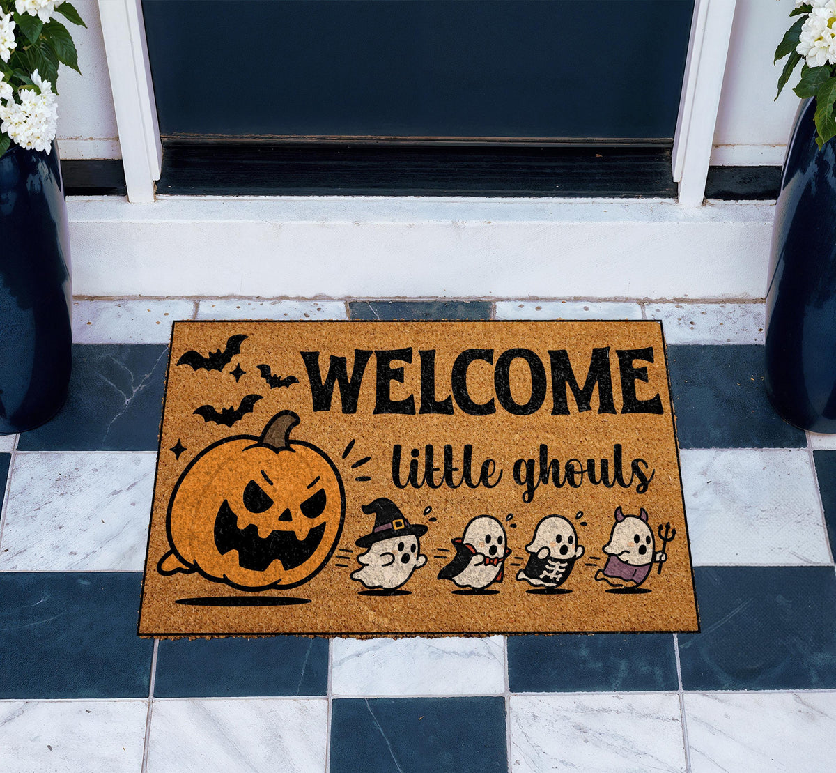 Halloween Welcome Mat, Pumpkin Ghost Doormat, Spooky Season Porch Decor