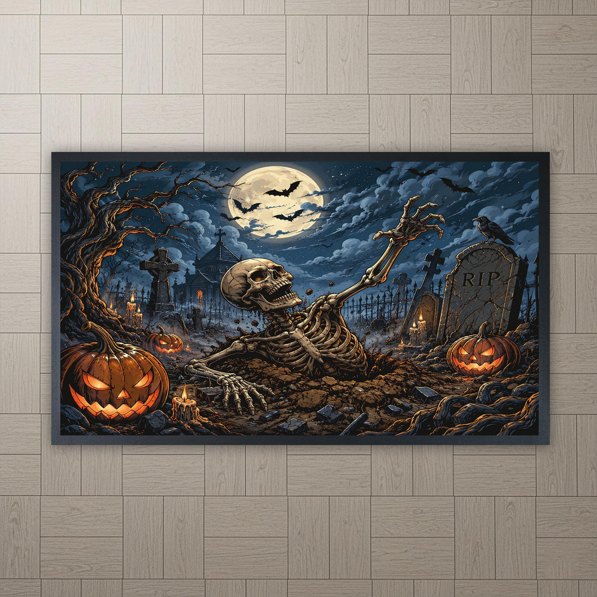 Halloween Skeleton Graveyard Doormat, Spooky Pumpkin Porch Decor (Sublimation Print)