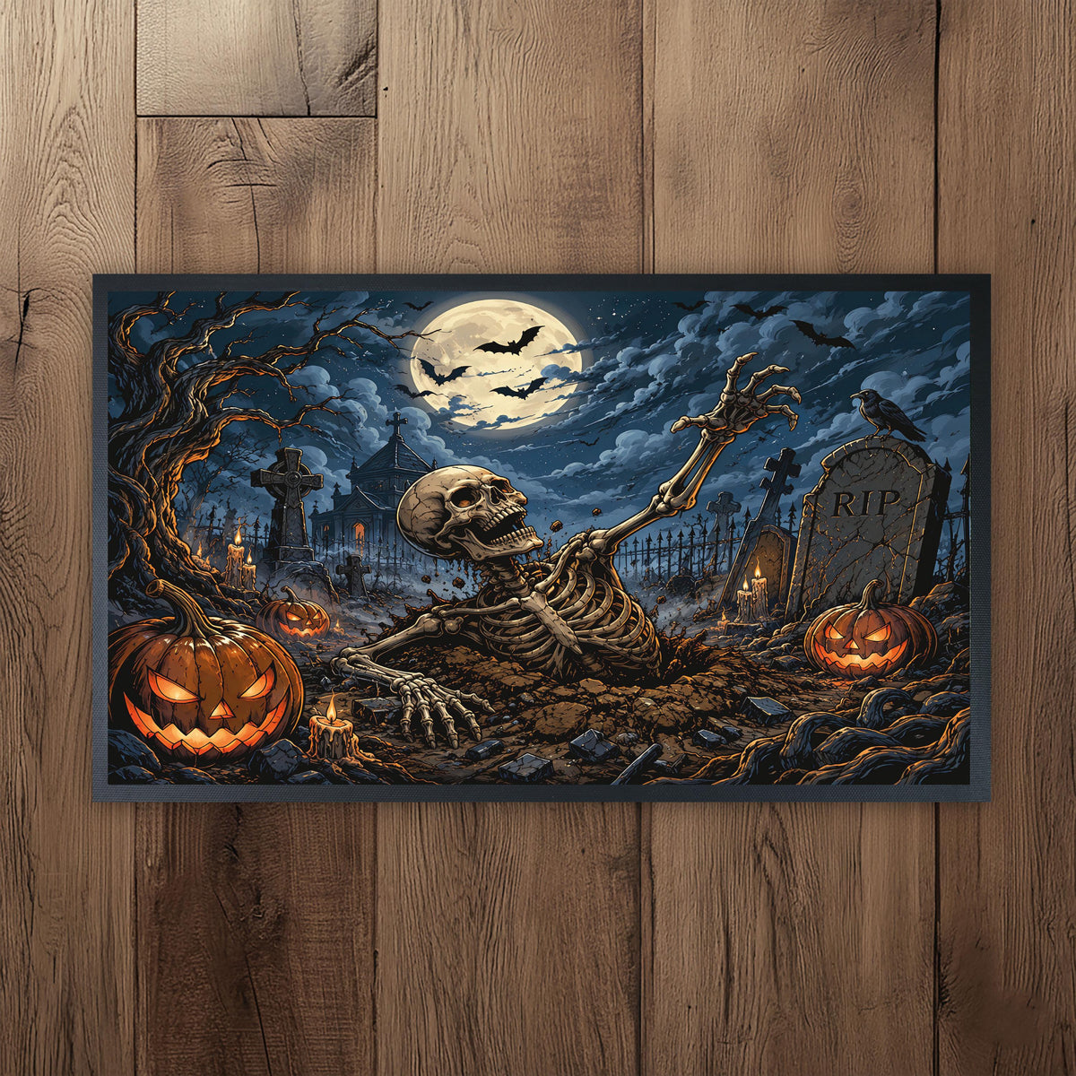 Halloween Skeleton Graveyard Doormat, Spooky Pumpkin Porch Decor (Sublimation Print)